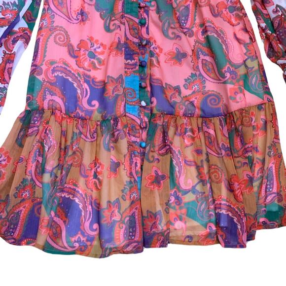 Colorful Pink Paisley Floral Print Long Sleeve Short Dress L’Atiste Small Mini - Picture 2 of 14